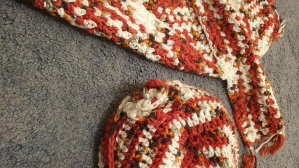 Red and white men's crochet scarf and crochet hat by Triggerfish Crochet