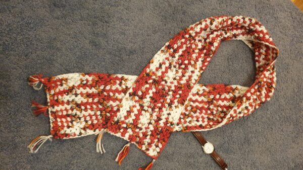 Red and white men's crochet scarf using bamboo stitch by Triggerfish Crochet
