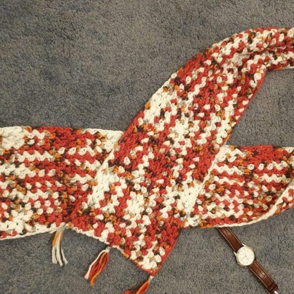 Red and white men's crochet scarf by Triggerfish Crochet