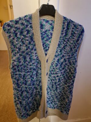 Mens sleeveless vest in blue, green with beige borders - Triggerfish Crochet