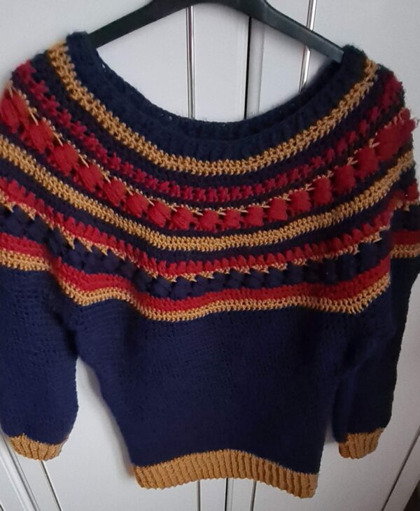 Crochet Blue red and tan sweater - Triggerfish Crochet