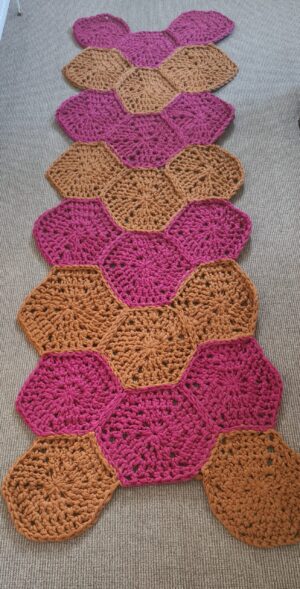 Pink and Tan Crochet Rug made by joining hexagons - - Triggerfish Crochet