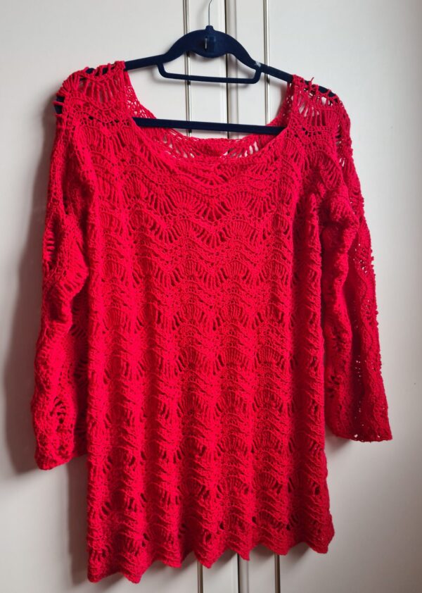 Red crochet lace top made with mercerised cotton by Triggerfish Crochet