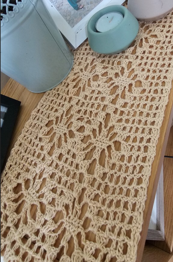 Beige Crochet Lace Table Runner with white edges by Triggerfish Crochet